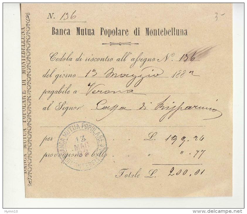 1882 BANCA MUTUA POPOLARE Di MONTEBELLUNA-cedola Riscontro ASSEGNO-e569 - Cheques & Traveler's Cheques