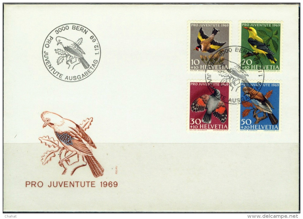 BIRDS-PRO JUVENTUTE-SWITZERLAND-SET OF 4 ON FDC-1969-SURCHARGED-SCARCE-BX1-93 - Pics & Grimpeurs