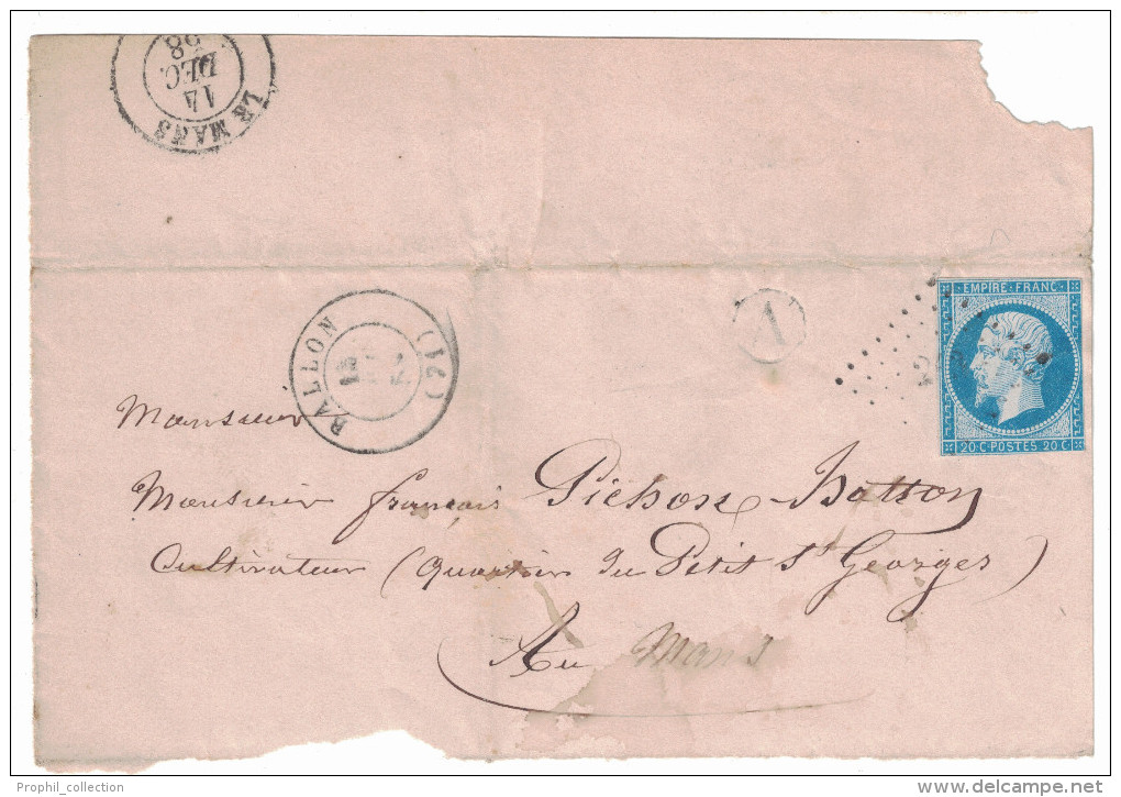 1858 Grand Fragment De Lettre Avec PEU COURANTE Obliteration PC 243 De Ballon 	Sarthe Sur Napoléon N°14 + Boite Rurale - 1853-1860 Napoleon III