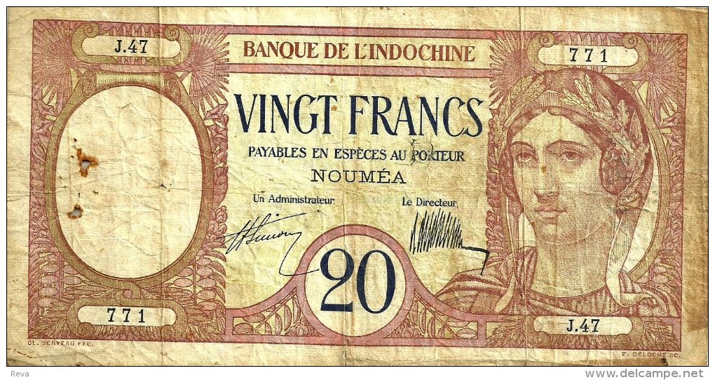 NEW CALEDONIA 20 FRANCS BROWN WOMAN HEAD FRONT BIRD BACK NOT DATED(1929) P37a 1ST SIG VARIETY F READ DESCRIPTION!! - Nouvelle-Calédonie 1873-1985