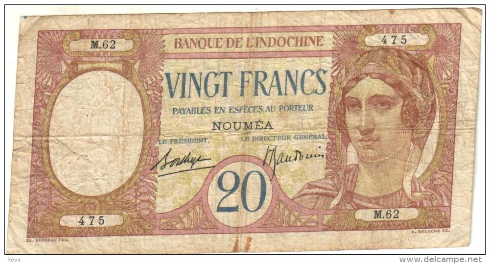 NEW CALEDONIA 20 FRANCS BROWN WOMAN HEAD FRONT BIRD BACK NOT DATED(1929) P37a 1ST SIG VARIETY F READ DESCRIPTION!! - Nouméa (New Caledonia 1873-1985)