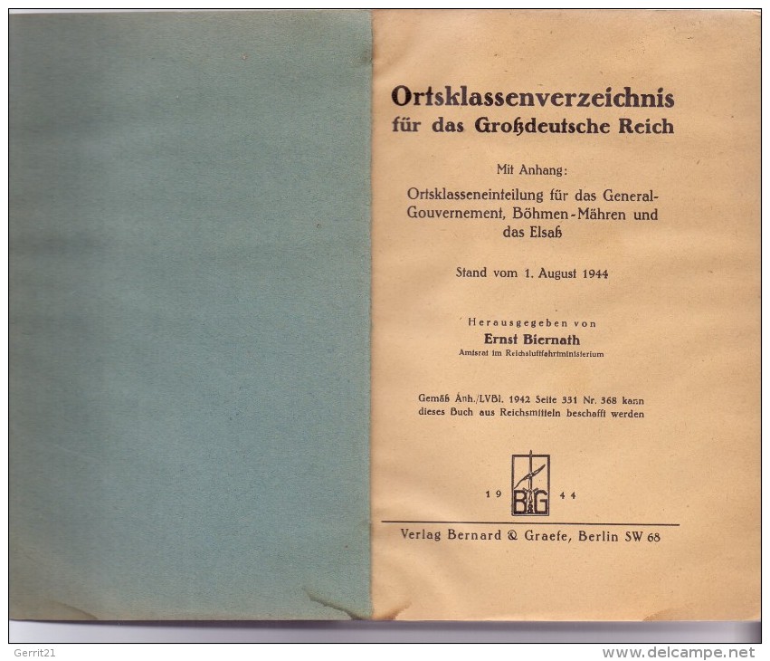 Ortsklassenverzeichnis Für Das Grossdeutsche Reich, 1944, Incl. General-Gouvernement, Böhmen&Mähren, Elsass-L. - Encyclopedias