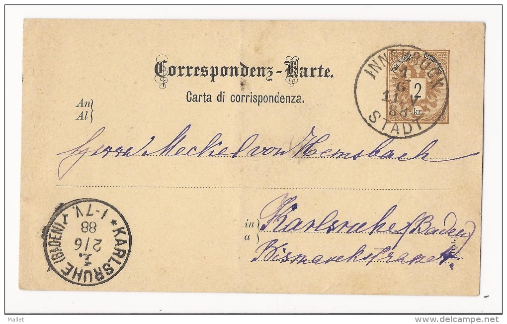 Entier Postal Autriche - Innsbruck Pour Karlsruhe - 1888 - Other & Unclassified