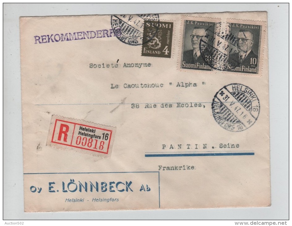 Suomi-Finland Registered Cover C.Helsinki-Hesingfors1947 To France Pantin PR2967 - Covers & Documents