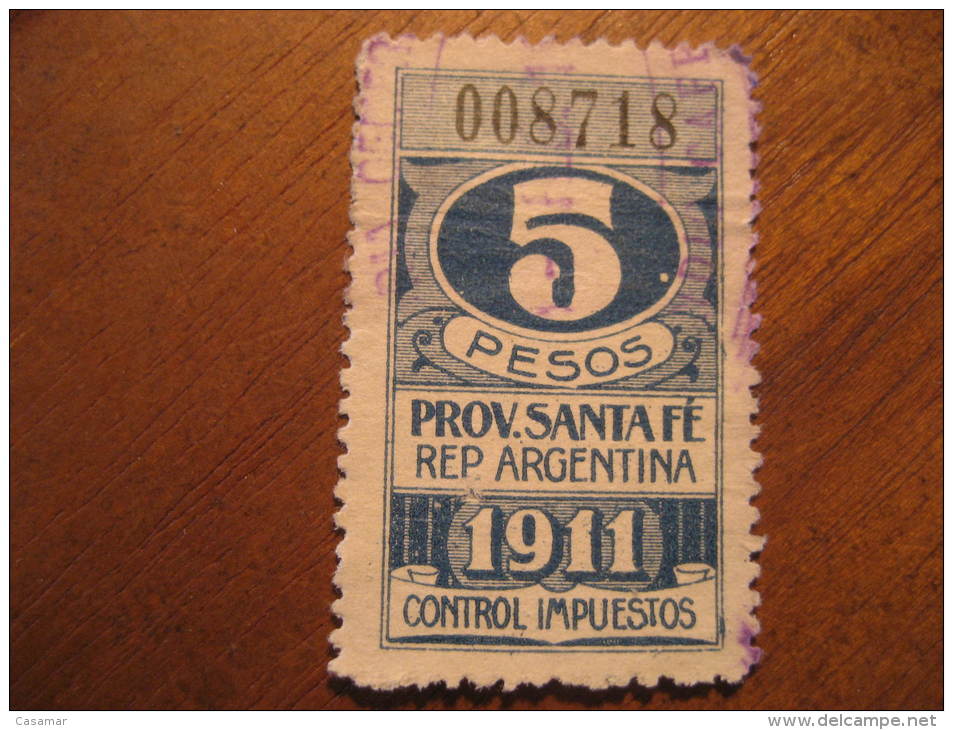 1911 SANTA FE 5 Pesos Control Impuestos Revenue Fiscal Tax Postage Due Official Argentina - Oficiales