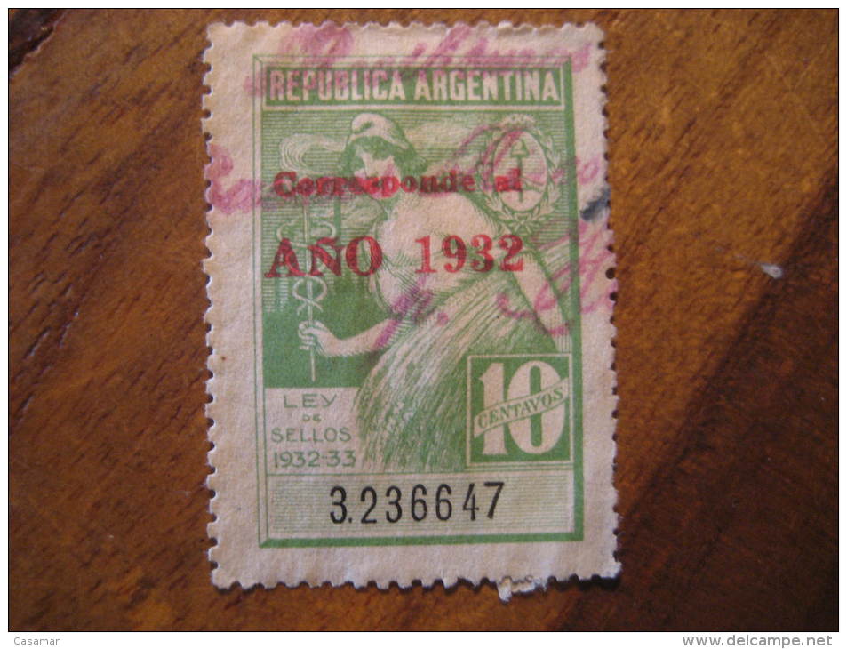 Corresponde Al AÑO 1932 Overprinted 1933 Ley De Sellos 10 Centavos Revenue Fiscal Tax Postage Due Official Argentina - Oficiales