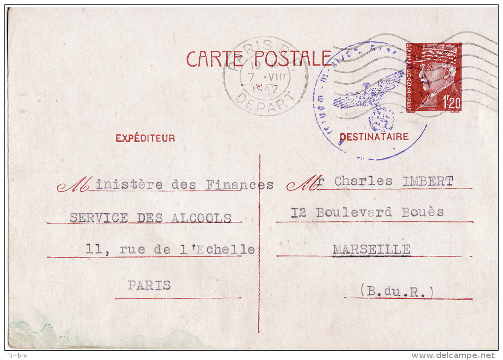 Entier Postal 1,20F Petain Avec Oblitération Violette Allemande - 2. Weltkrieg 1939-1945