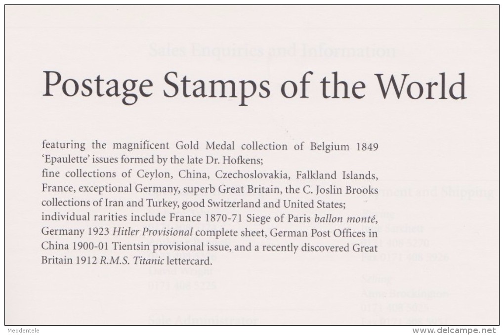 SOTHEBY'S - POSTAGE STAMPS OF THE WORLD  London 1997 See Description Of Contents - Rarely Seen - Auktionskataloge