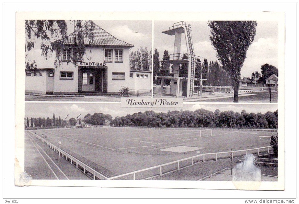 3070 NIENBURG, Fussball-Stadion / Stadtbad, 1956, Klebereste - Nienburg