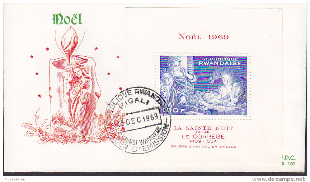 Rwanda Jour D'Emission Lettre FDC Cover 1969 Weihnachten Christmas Noel Block 23 A Christi Geburt Von Correggio - 1962-1969