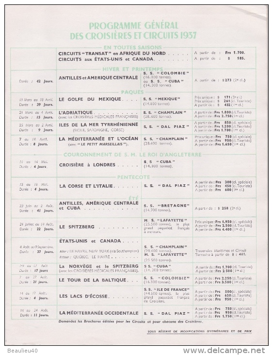 COMPAGNIE GÉNÉRALE TRANSATLANTIQUE.  CROISIÈRES ET CIRCUITS "TRANSAT" ILLUSTRATION JAN AUVIGNÉ   PROGRAMME - Boten