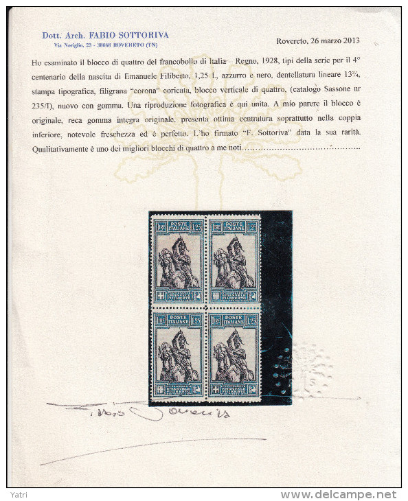 Regno D'Italia - Emanuele Filiberto 1,25 Lire Dent 13¾ In Quartina Sass. 235/i Lineare ** Periziata - Nuovi