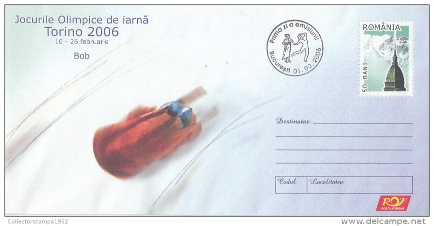 4133FM- BOBSLEIGH, WINTER OLYMPIC GAMES, TORINO'06, COVER STATIONERY, OBLIT FDC, 2006, ROMANIA - Winter 2006: Turin