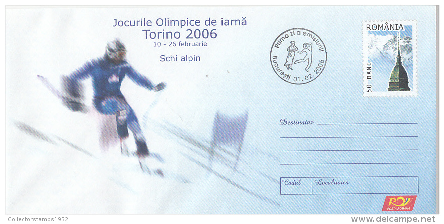 4135FM- SKIING, WINTER OLYMPIC GAMES, TORINO'06, COVER STATIONERY, OBLIT FDC, 2006, ROMANIA - Winter 2006: Torino