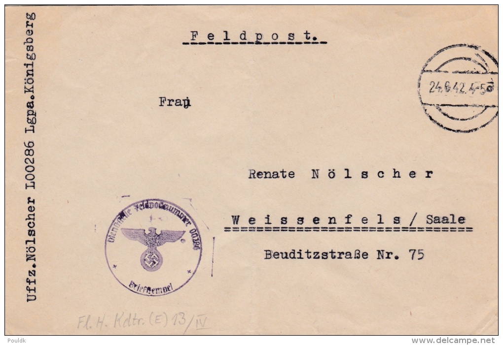 Feldpost WW2: From The Demjansk Area - Fliegerhorst-Kommandantur (E) 13/IV  FP L00286 LGPA Königsberg P/m  24.6.1942 - C - Militaria