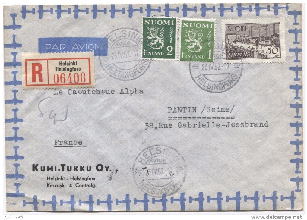 Suomi Finland Registered Air Mail Cover Helsinki - Helsingsfors 1952 To France Pantin Arrival Cancellation PR2969 - Cartas & Documentos