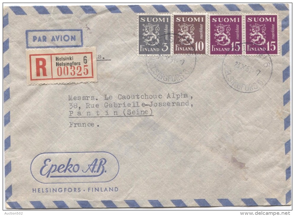 Suomi Finland Registered Air Mail Cover Helsinki - Helsingsfors 1951 To France Pantin Arrival Cancellation PR2970 - Lettres & Documents