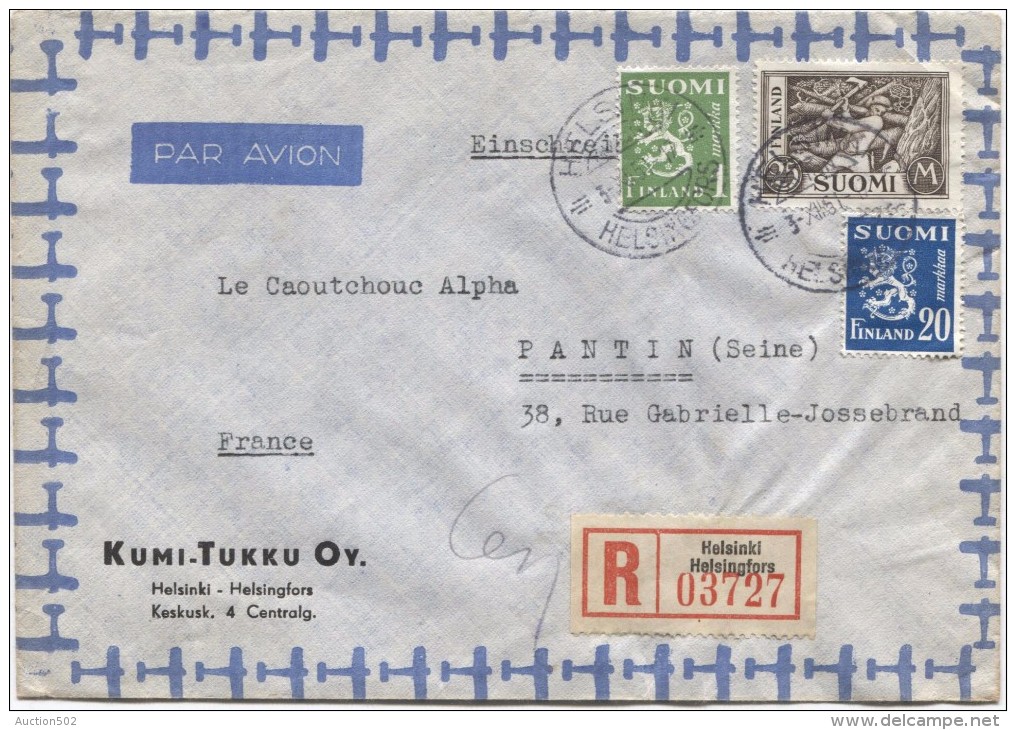 Suomi Finland Registered Air Mail Cover Helsinki - Helsingsfors 1951 To France Pantin Arrival Cancellation PR2971 - Lettres & Documents