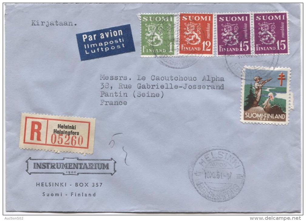 Suomi Finland Registered Air Mail Cover Helsinki - Helsingsfors 1951 To France Pantin Arrival Cancellation PR2972 - Lettres & Documents