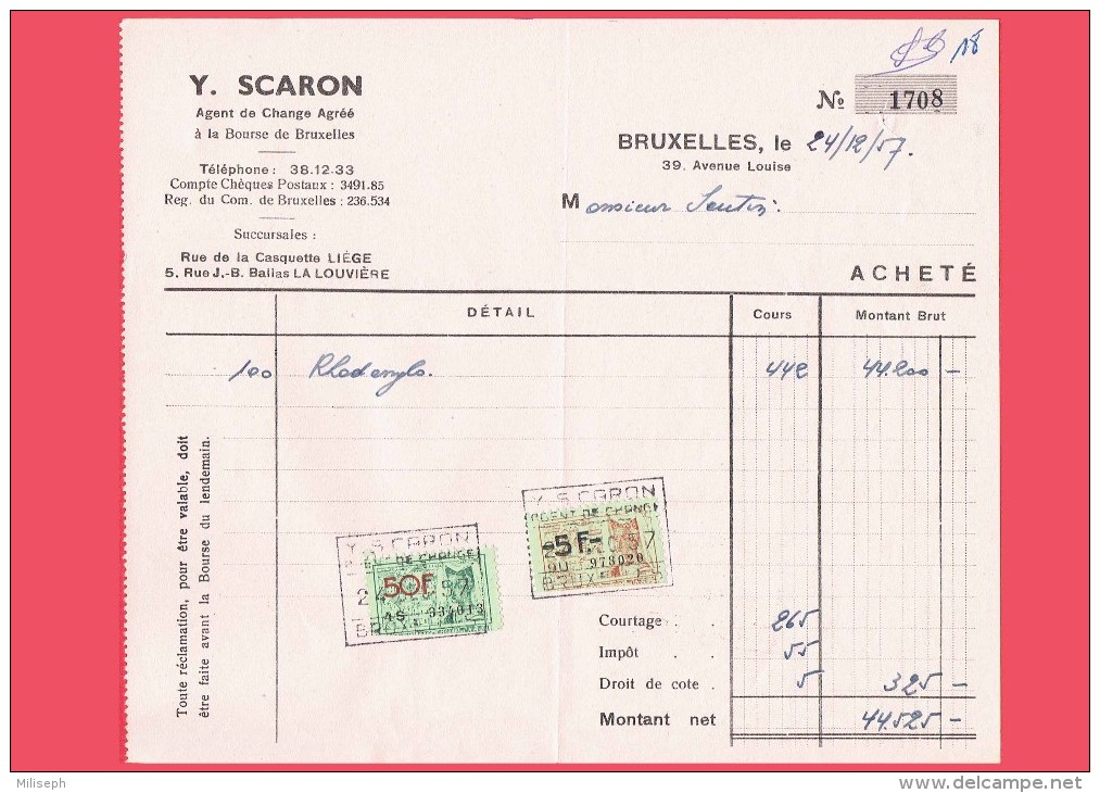 TIMBRES FISCAUX  50 FB Et 5 FB - Yvon SCARON - Agent De Change - Bruxelles - 1957 - Souche Achat Action RHODENFO (4141) - Documents