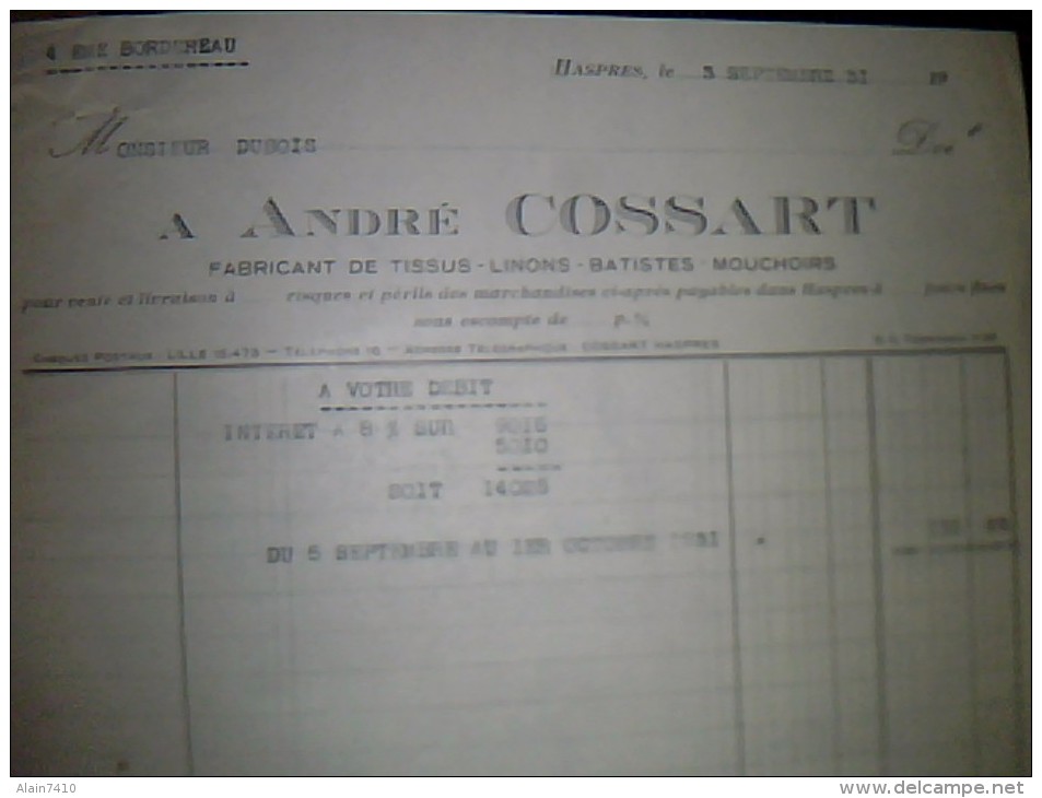 Vieux Papiers Facture Fabricant De Tissus Linon Batistes Mouchoirs  André Cossart A Haspres Annee D Edition 1931 - Autres & Non Classés