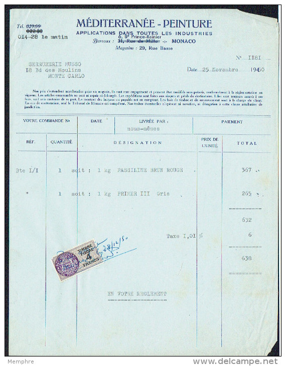 1950     Timbre Fiscal 4 Fr Sur Facture De Méditerranée -Peinture - Steuermarken