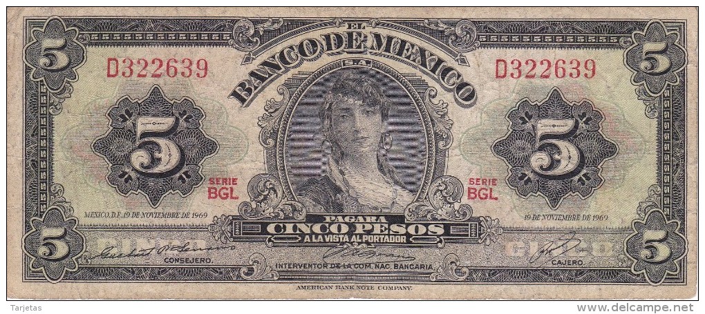 BILLETE DE MEXICO DE 5 PESOS DEL AÑO 1969   (BANKNOTE) - México