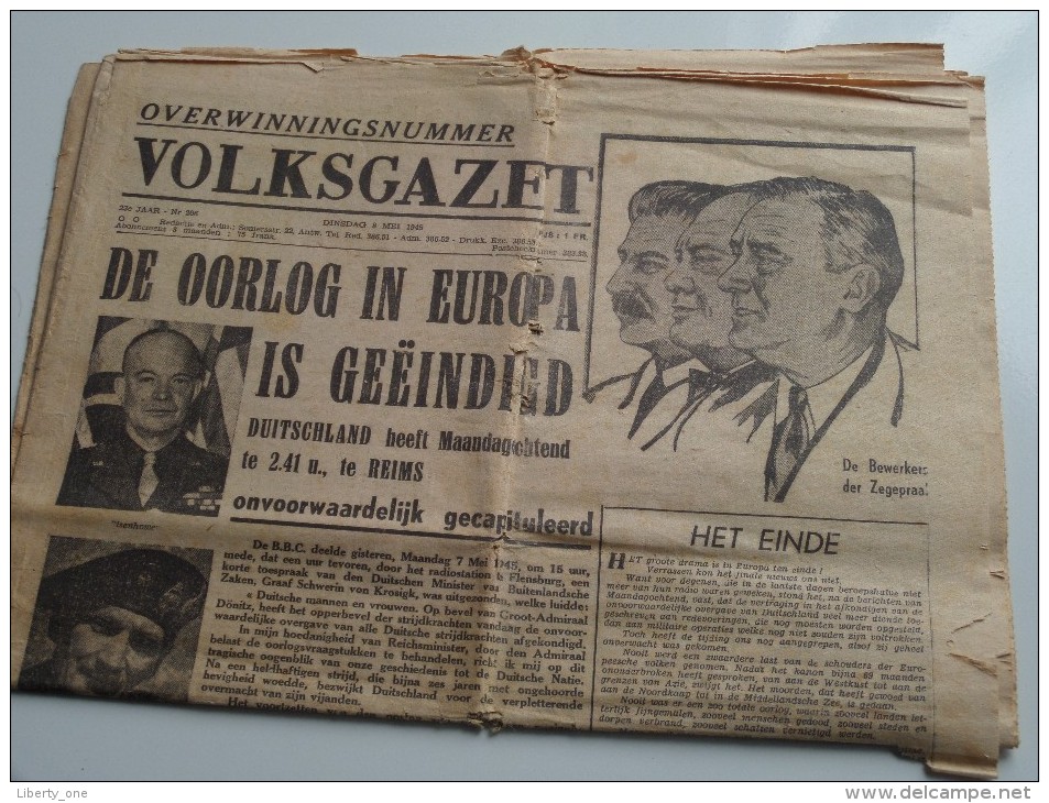 VOLKSGAZET Overwinningsnummer 8 Mei 1945 ( Nr. 206 23e Jaar ) Gekreukt ( Zie Foto's ) KRANT / GAZET !! - 1939-45