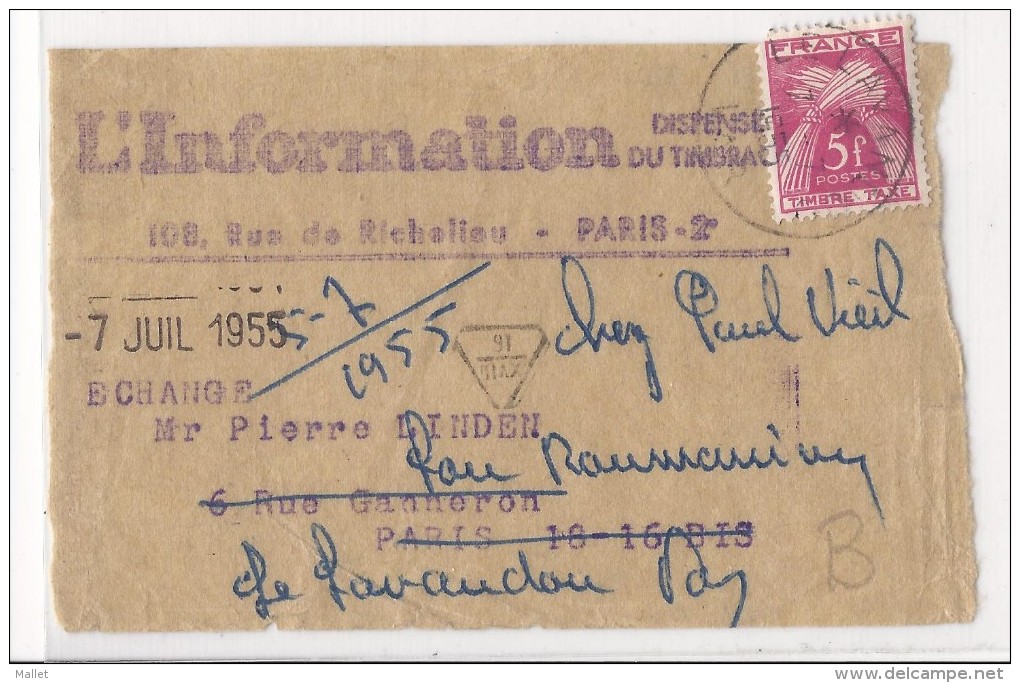 Devant Bande De Journal L'Information - 1955 - Paris, Ré-expédié Au Lavandou - Taxé à 5 Frs - Journaux