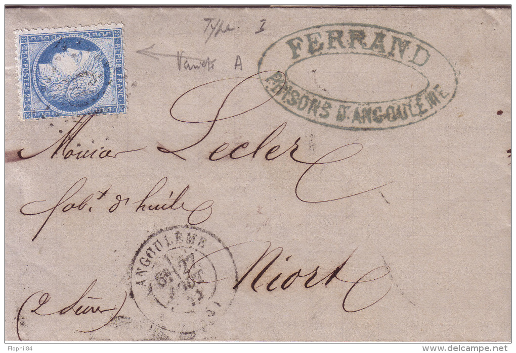 CHARENTE - ANGOULEME - N°60 SUR LETTRE VARIETE E DE REPUB TENANT AU CADRE - LE 27-8-1874. - 1849-1876: Classic Period