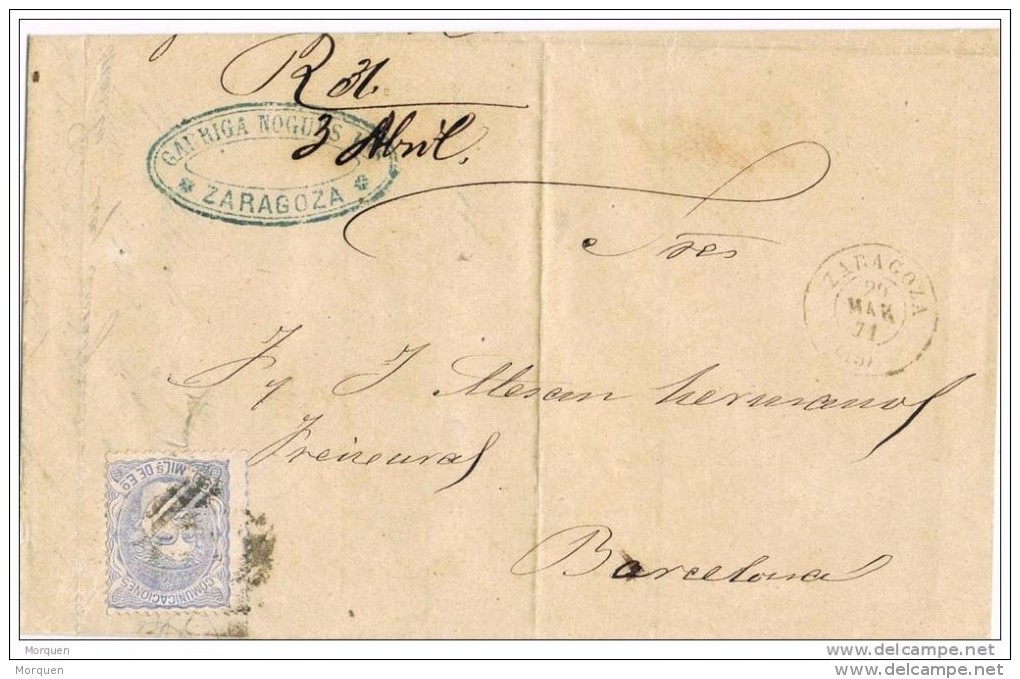 17319. Carta Entera ZARAGOZA  1871 A Barcelona. Alegoria - Storia Postale