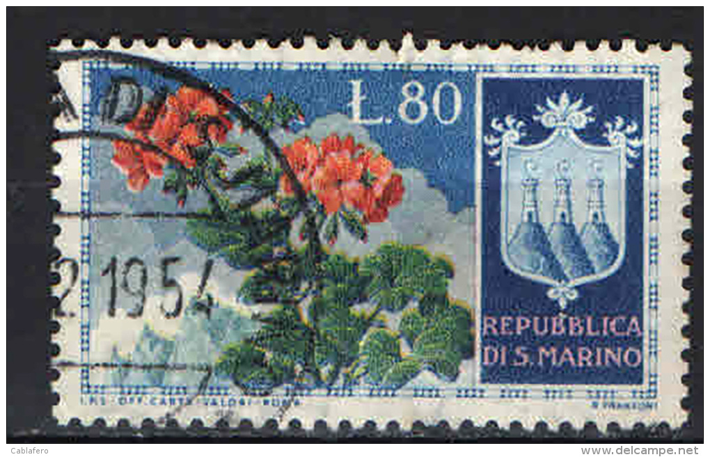 SAN MARINO - 1953 - FIORI - 1^ EMISSIONE - VALORE DA 80 LIRE - GERANI - USATO - Used Stamps