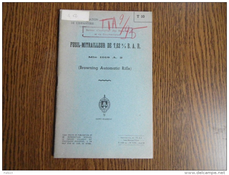 Notice Provisoire Manuel FM Bar 7,62 Mle 1918 A.2 Browning Automatic Rifle - Armas De Colección