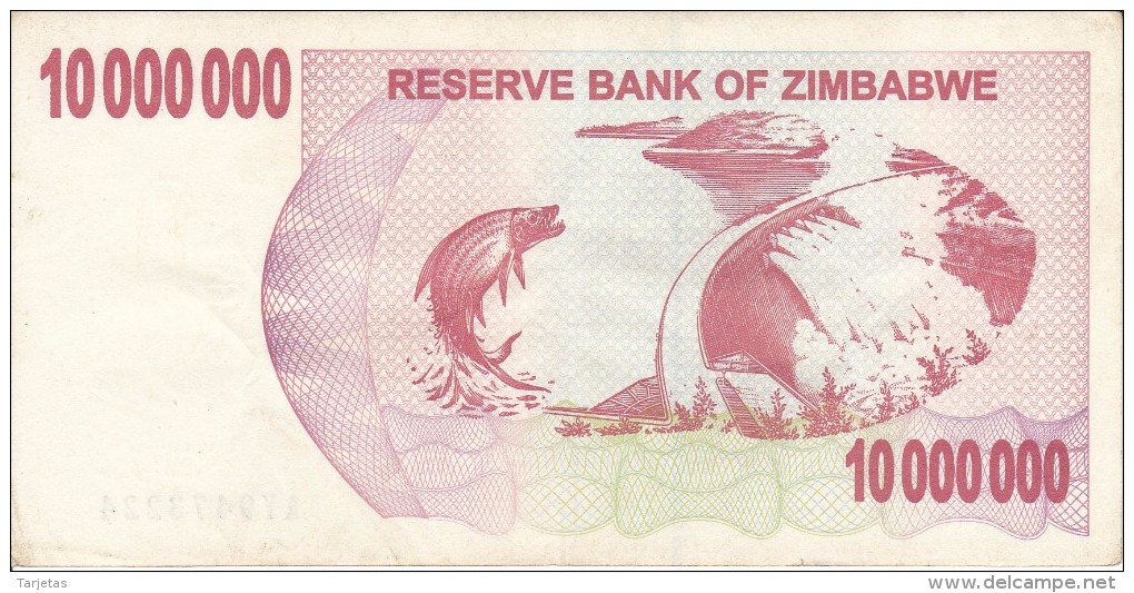 BILLETE DE ZIMBAWE DE 10000000 DOLLARS DEL AÑO 2008  (BANKNOTE) PEZ-FISH - Zimbabwe