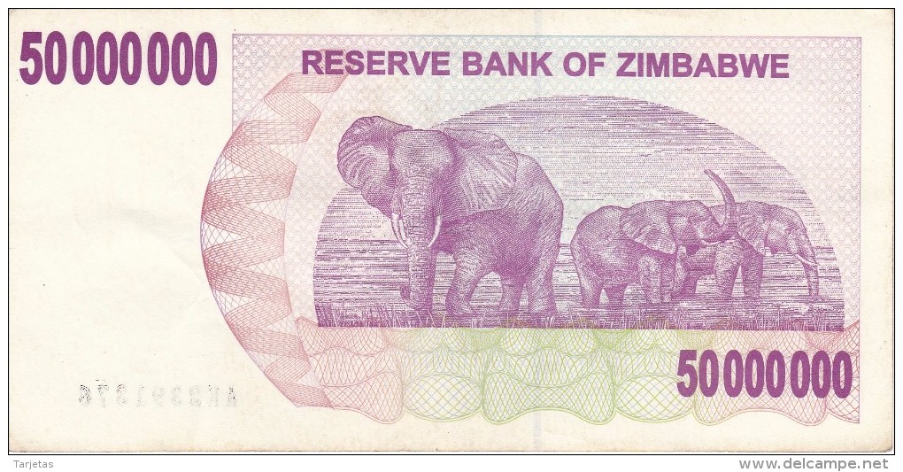 BILLETE DE ZIMBAWE DE 50000000 DOLLARS DEL AÑO 2008  (BANKNOTE) ELEFANTE-ELEPHANT - Zimbabwe