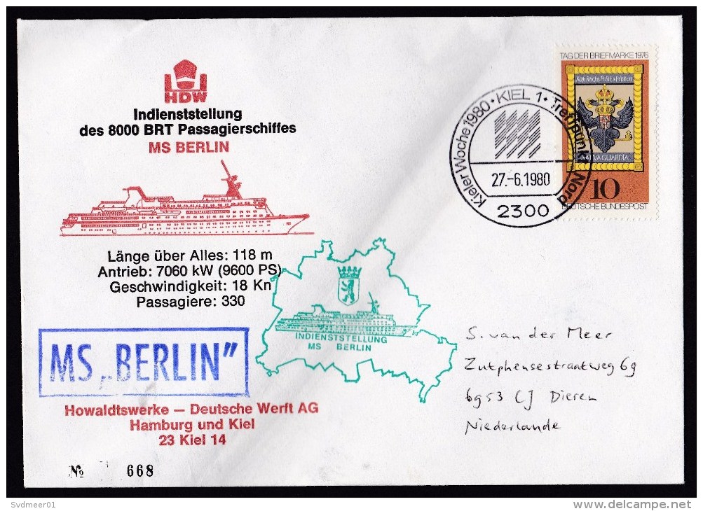 Germany: Commemorative Cover To Netherlands, 1980, Maiden Voyage Passenger Ship MS Berlin, Shipyard Kiel (minor Crease) - Brieven En Documenten