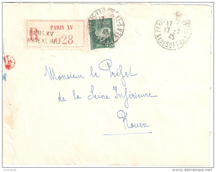 3449 PARIS XV Griffe ANNEXE III Lettre Recommandée Etiquette Ob 15 3 1943 Pétain 4,50 F Vert Yv 521B - Storia Postale