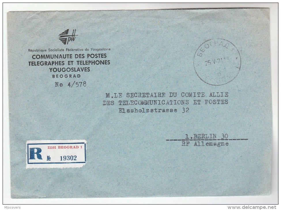 1971 YUGOSLAVIA  To ALLIED Committee TELEPHONES & POST BERLIN Germany Telecom Registered Cover - Telecom