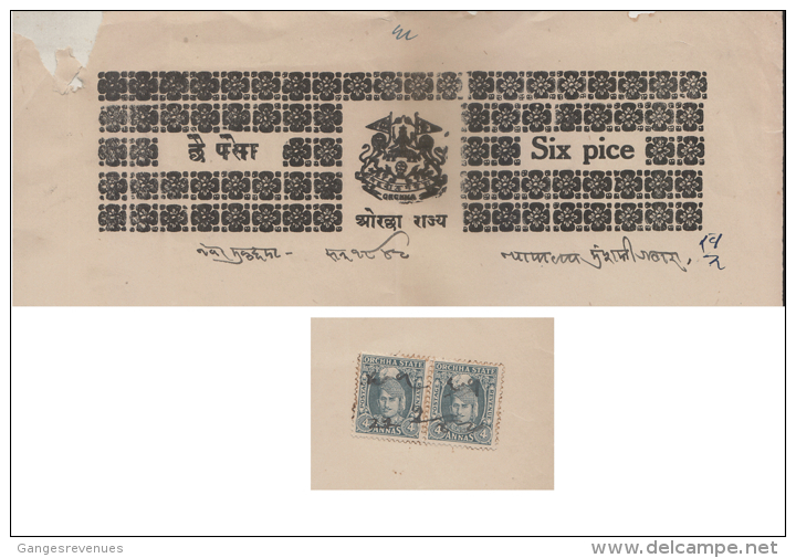 ORCHHA State  4A Pair  Postage & Revenue Stamp On 6 Pies  Stamp Paper Type 50 # 89935 Inde Indien Fiscaux Fiscal Revenue - Orcha