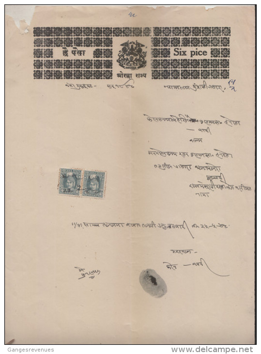 ORCHHA State  4A Pair  Postage & Revenue Stamp On 6 Pies  Stamp Paper Type 50 # 89935 Inde Indien Fiscaux Fiscal Revenue - Orcha