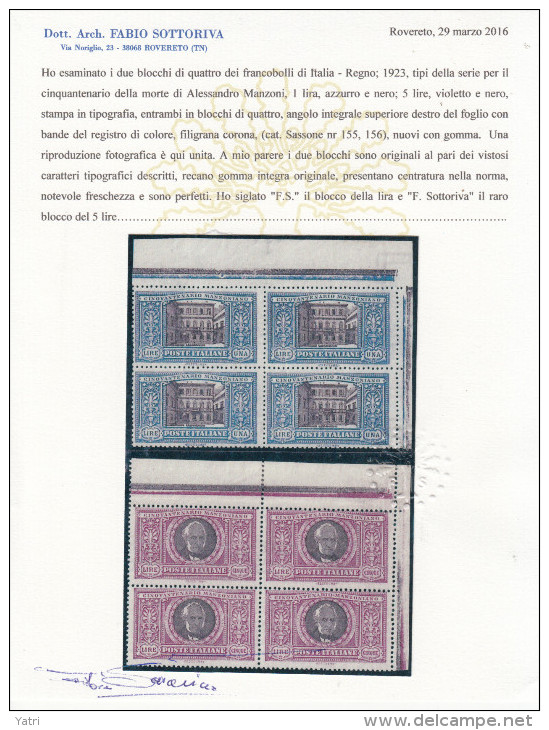 Regno D'Italia (1923) 50º Anniversario Di Alessandro Manzoni Adf ** 2 Perizie - 4 Scan - Nuovi