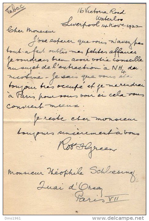 VP3671 - Tabac - Lettres De Mr Rob GREEN De LIVERPOOL Pour Mr Th. SCHLOESING à PARIS - Dokumente