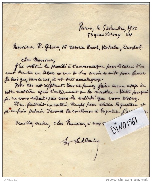 VP3671 - Tabac - Lettres De Mr Rob GREEN De LIVERPOOL Pour Mr Th. SCHLOESING à PARIS - Documentos