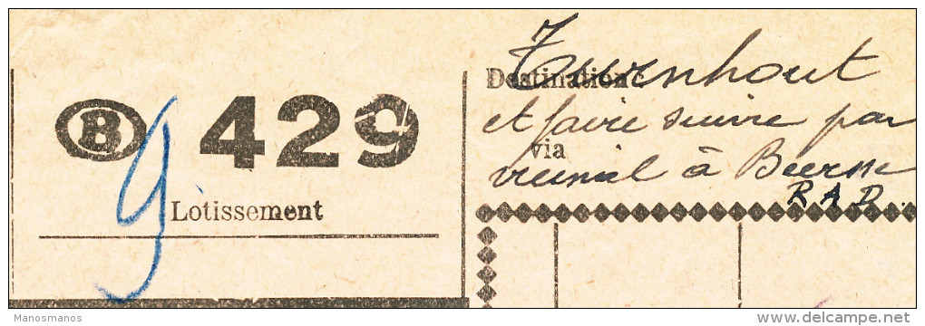 374/24 - Chemins De Fer VICINAUX - Bordereau GENT Oost 1949 Vers BEERSSE - Mention Par Vicinal De TURNHOUT - Andere & Zonder Classificatie