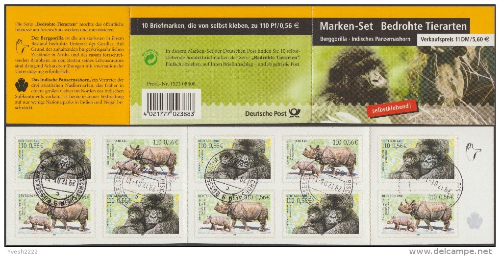 Allemagne 2001 Y&T C2036. Carnet De Timbres Auto-adhésifs. Gorilles Des Montagnes Et Rhinocéros Unicorne De L'Inde - Gorillas