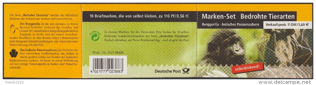 Allemagne 2001 Y&T C2036. Carnet De Timbres Auto-adhésifs. Gorilles Des Montagnes Et Rhinocéros Unicorne De L'Inde - Gorillas