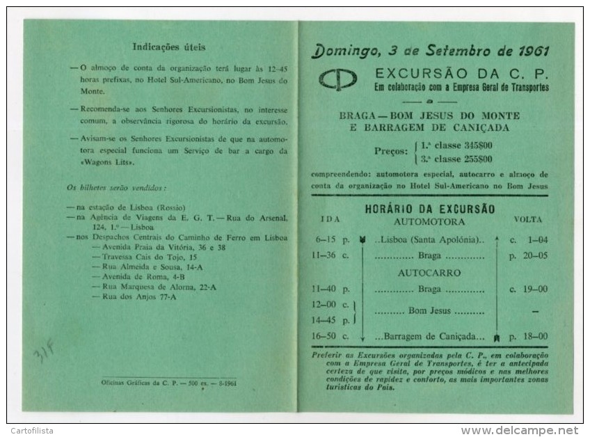 Portugal, Braga, Bom Jesus, Barragem Caniçada - Excursão Da C.P. 1961, Horário, Timetable, Comboio, Train  (2 Scans) - Europa