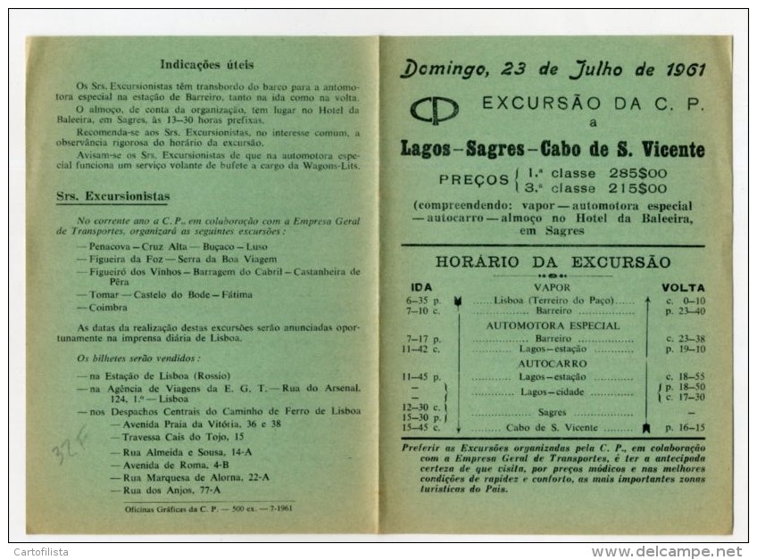 Portugal,Lagos, Sagres, Cabo S. Vicente - Excursão Da C.P. 1961, Horário, Timetable, Comboio, Train  (2 Scans) - Europe