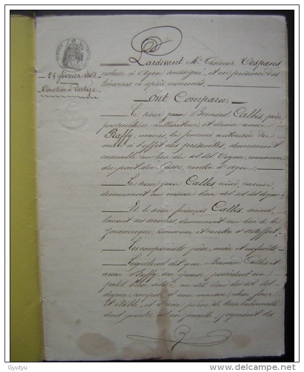 Agen 1861 Donation Et Partage  Famille Calbis  (11 Pages Plus Couverture) - Manuscrits