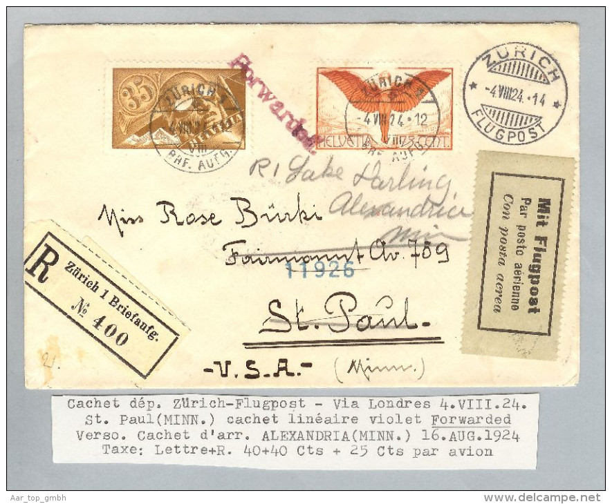 Schweiz Flugpost 1924-08-04 R-Flugpost Brief Forwarded St.Paul M - Erst- U. Sonderflugbriefe